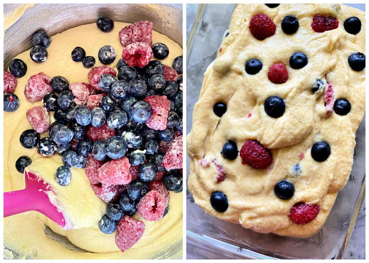 Two photos: left of batter with floured berries, right of raw batter with fresh berries in a glass loaf pan.