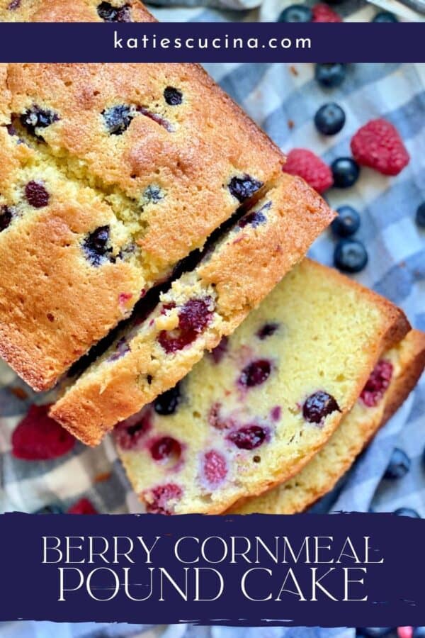 Top view of a berry pound cake sliced on a checkered cloth with recipe title text for Pinterest.