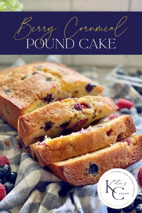 Three slices from a berry pound cake on a checkered cloth with recipe title text on image for Pinterest.