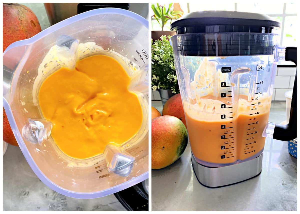 Top view of pureed mango in a blender, right photo of pureed Mango Frozen Yogurt.