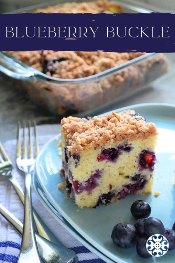 Two blue square plates with a square piece of Blueberry Coffee Cake with recipe title text on image for Pinterest.