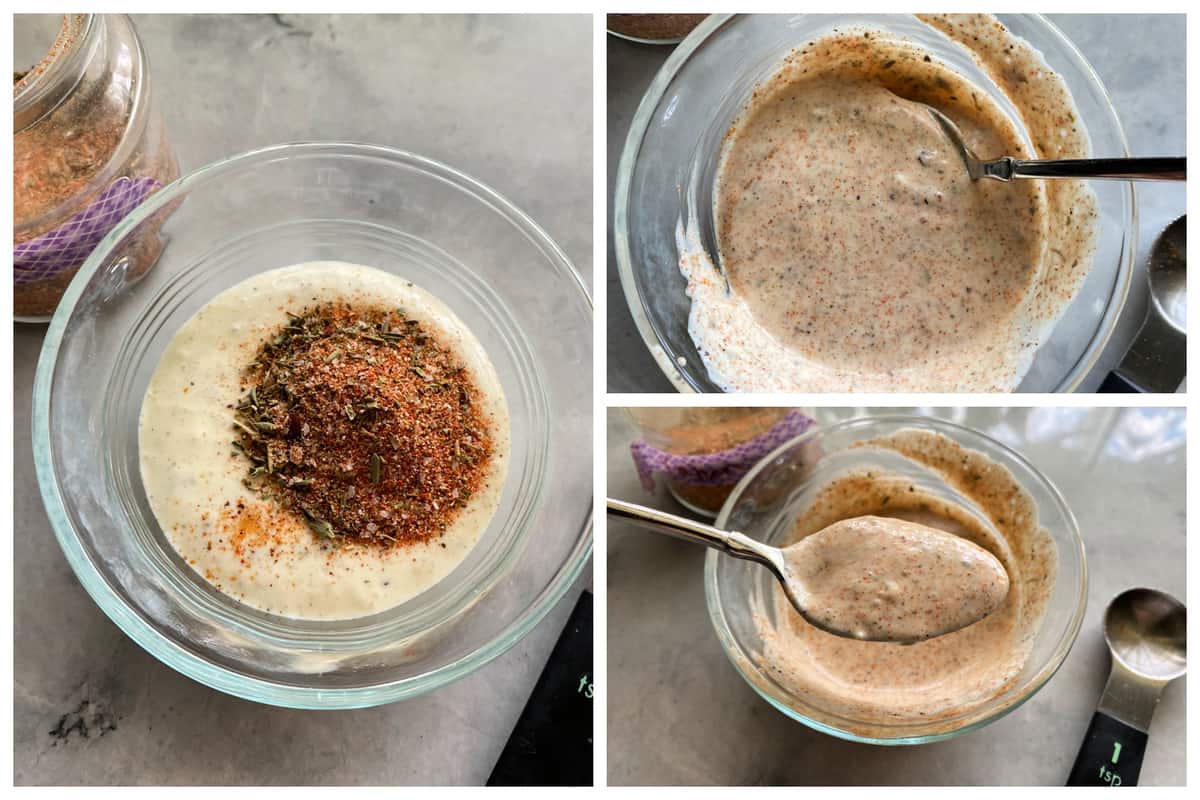 Three photos; left of a glass bowl with spices and ranch. Two right photos of mixed ranch sauce.