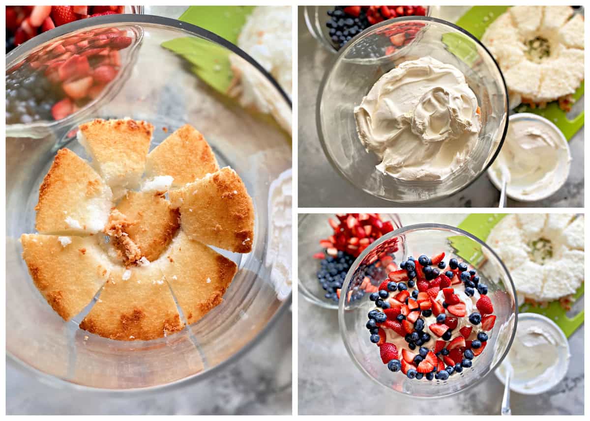 Three photos showing how to layer the Berry Trifle in a glass berry trifle bowl.