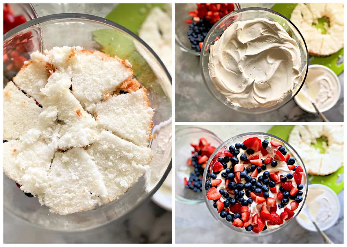 Three photos: left of cake chopped in a glass bowl, top right of whipped topping in bowl, bottom right of chopped fruit.