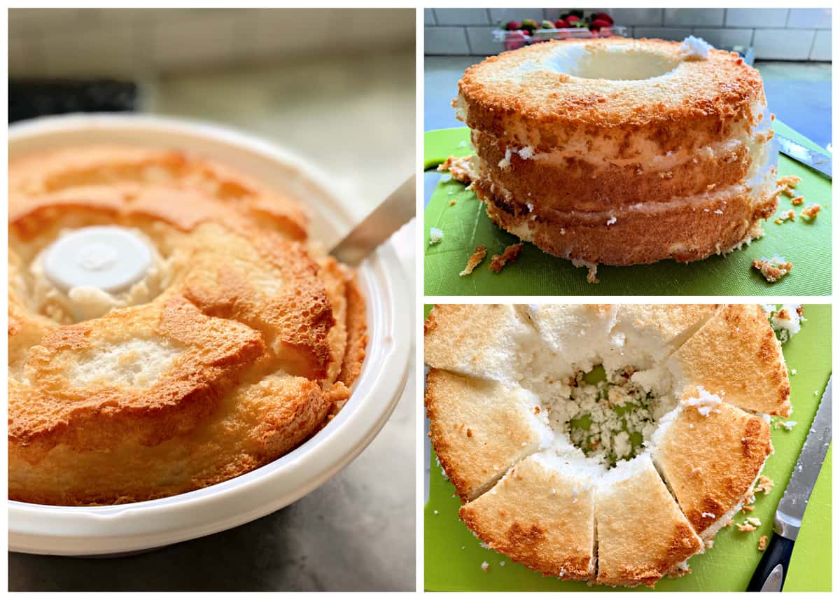 Three photos showing how to remove and slice store bought angel food cake.