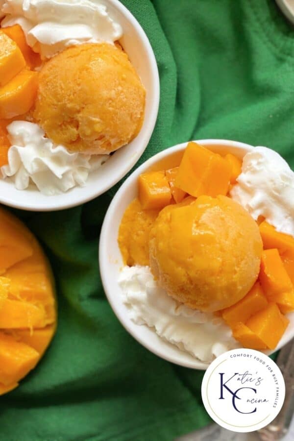 Top view of two white bowls filled with Mango Frozen Yogurt with logo on right corner.