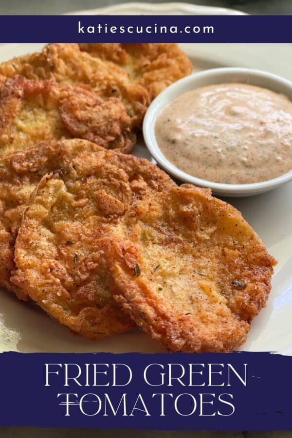 Sliced crispy golden medallions with sauce and recipe title on text for Pinterest.