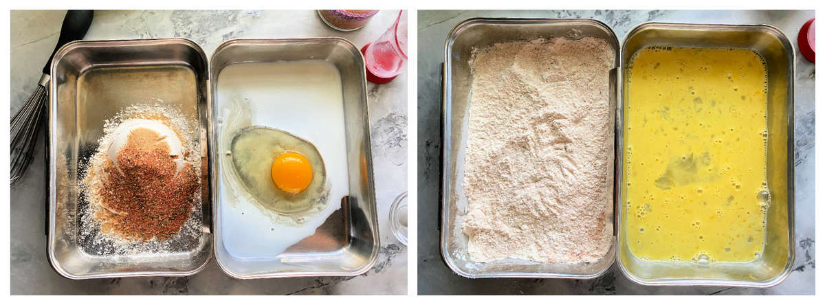 Two photos of metal tins with egg wash and flour mixture.