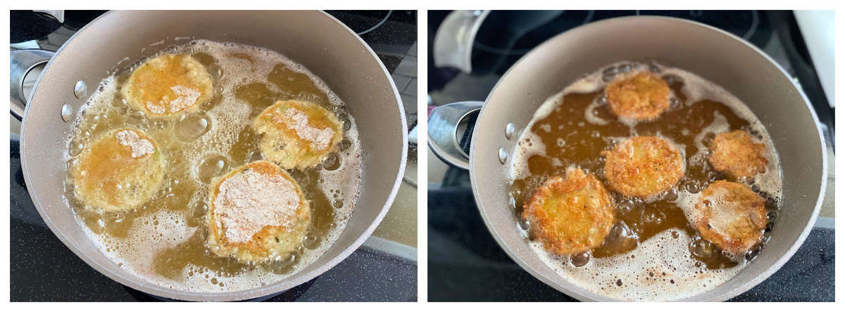 Two photos of a frying pan filled with oil and breaded tomtaoes.