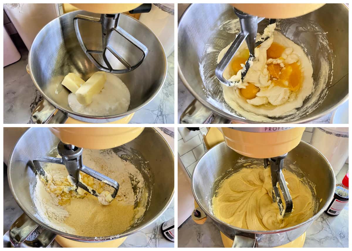 Four photos of mixing batter in a yellow KitchenAid Stand mixer.