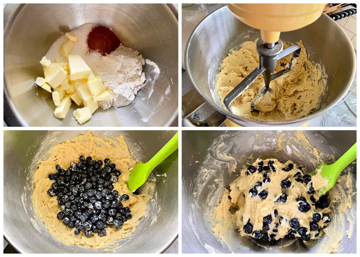 Four photos showing how to make cake batter and mixing in blueberries.