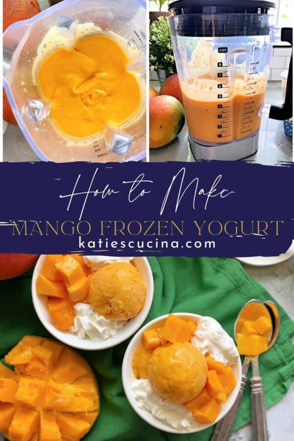 Two photos on top with making yogurt divided by recipe title text with a bottom photo of two bowls of Mango Frozen Yogurt.
