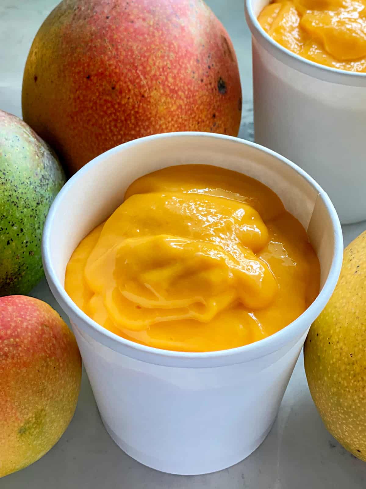 White carton filled with Mango Frozen Yogurt with additional fresh mangoes around the container.