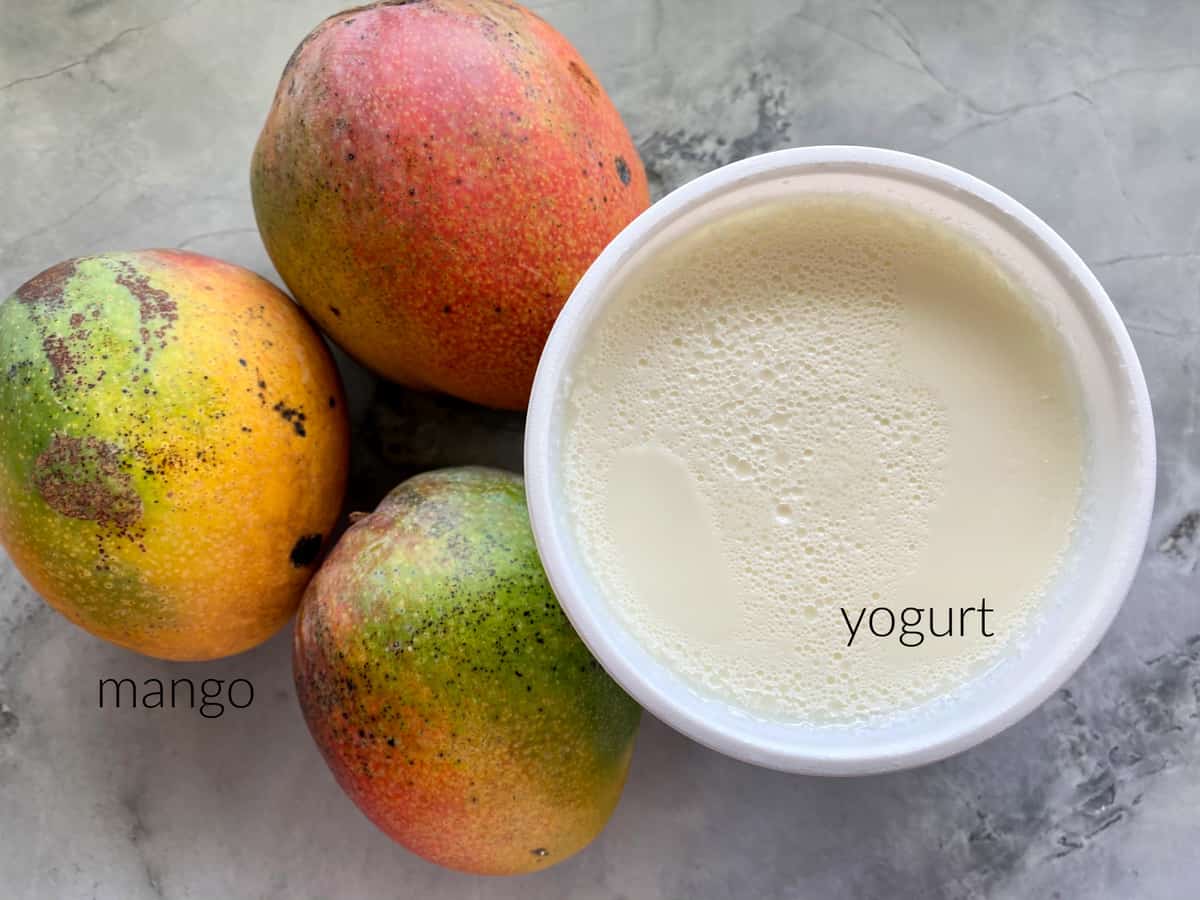 Ingredients on marble counter: yogurt and mangoes.