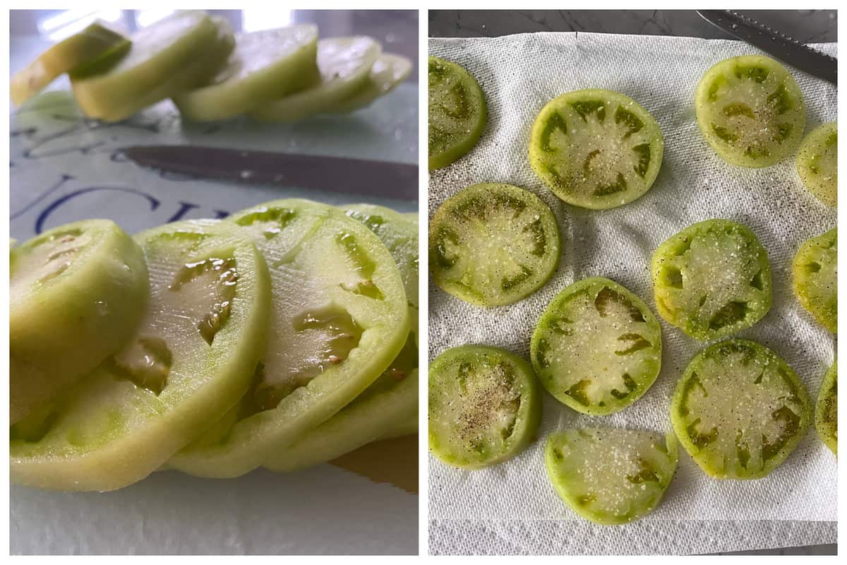 Sliced green tomatoes on the left and salted green tomatoes on the right.