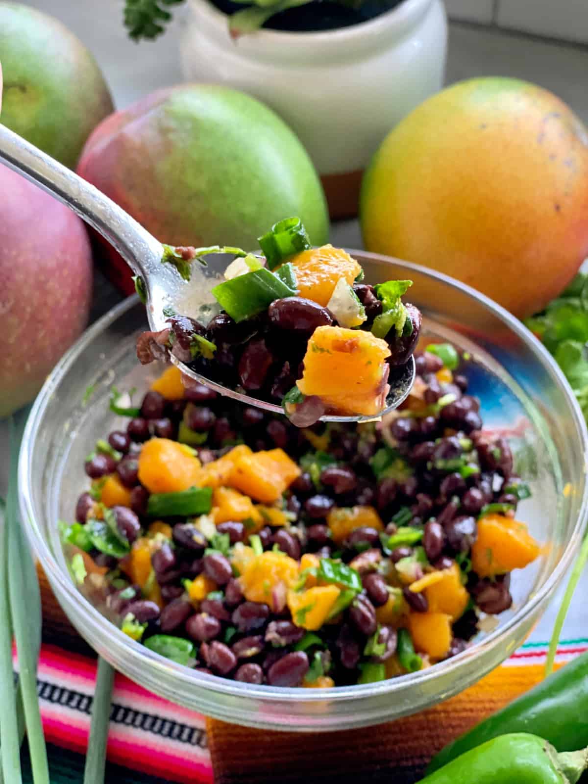 Silver spoon holding a scoop full of black beans, green onions, and mango over a bowl filled with black bean salad.