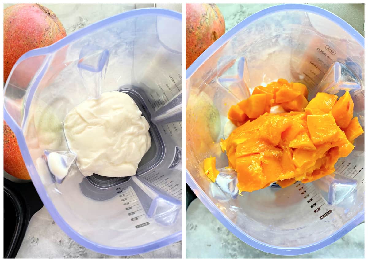 Two photos; top view left of yogurt, and right of fresh diced mango.