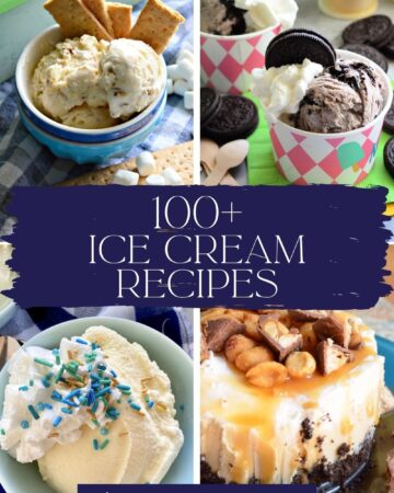 Four photos of ice creams in bowls and as cakes with recipe title text on image for Pinterest.