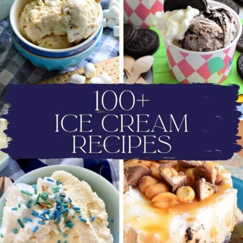 Four photos of ice creams in bowls and as cakes with recipe title text on image for Pinterest.