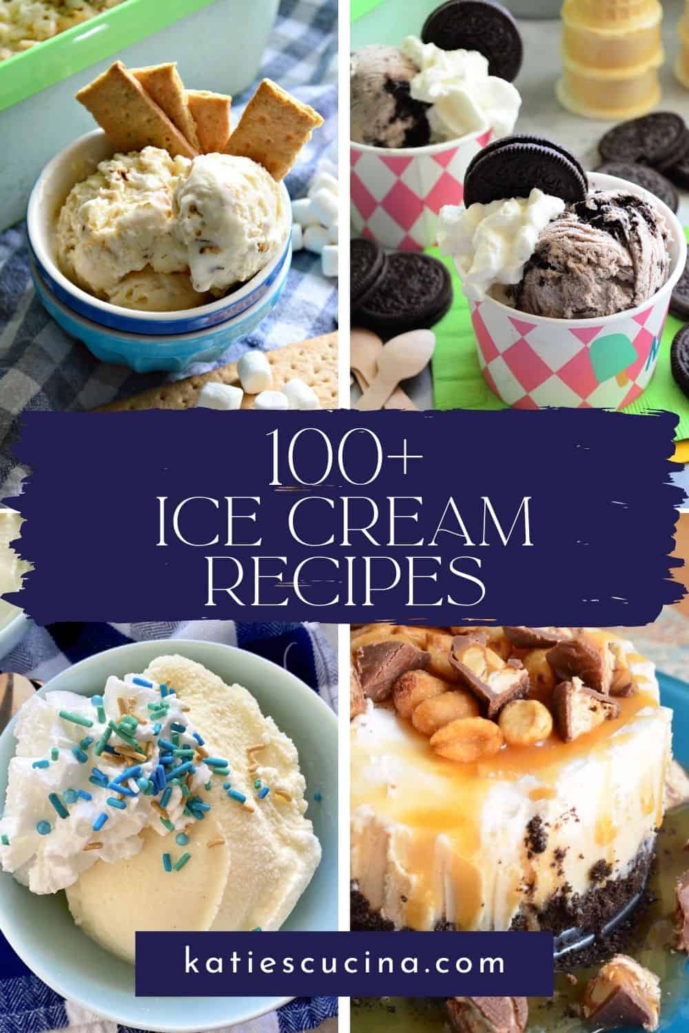 Four photos of ice creams in bowls and as cakes with recipe title text on image for Pinterest.