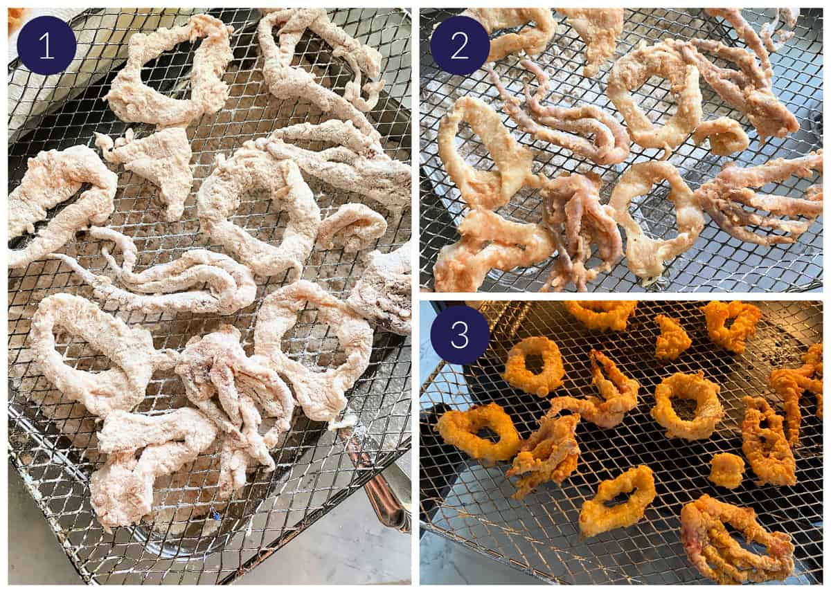 Three photos numbered in the top left corners of wire racks with battered squid rings and tenatcles.