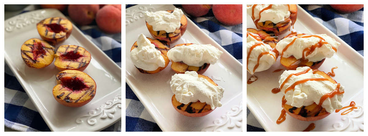 Three photos of assembling grilled peaches dessert on a white platter.