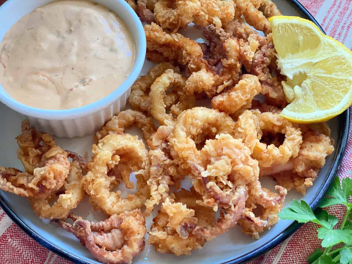Top view of a white plate filled with frid calamari rings with dipping sauce.