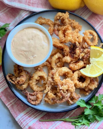 Top view of a white plate filled with lemon wedge, aioli sauce, and fried calamari.