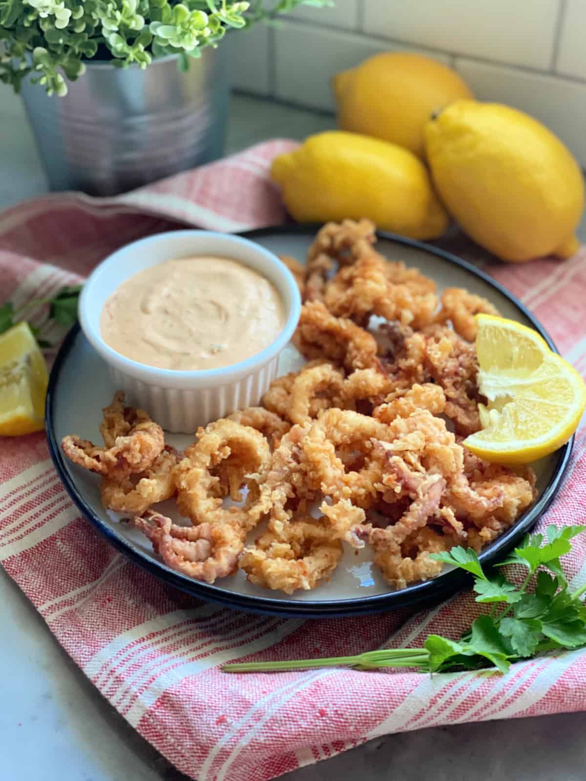 Red and white striped cloth with a plate on top filled with Calamari Fritti with dipping sauce.