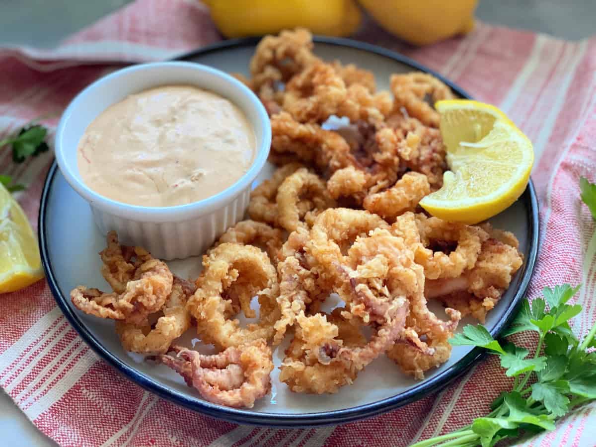 Circle plate filled with fried squid rings with white ramekin filled with sauce.