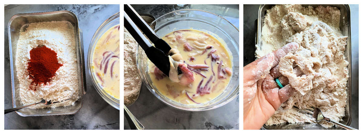 Three photos; left of rectangle pan with with flour, middle of raw squid in egg wash, and right of floured squid rings.
