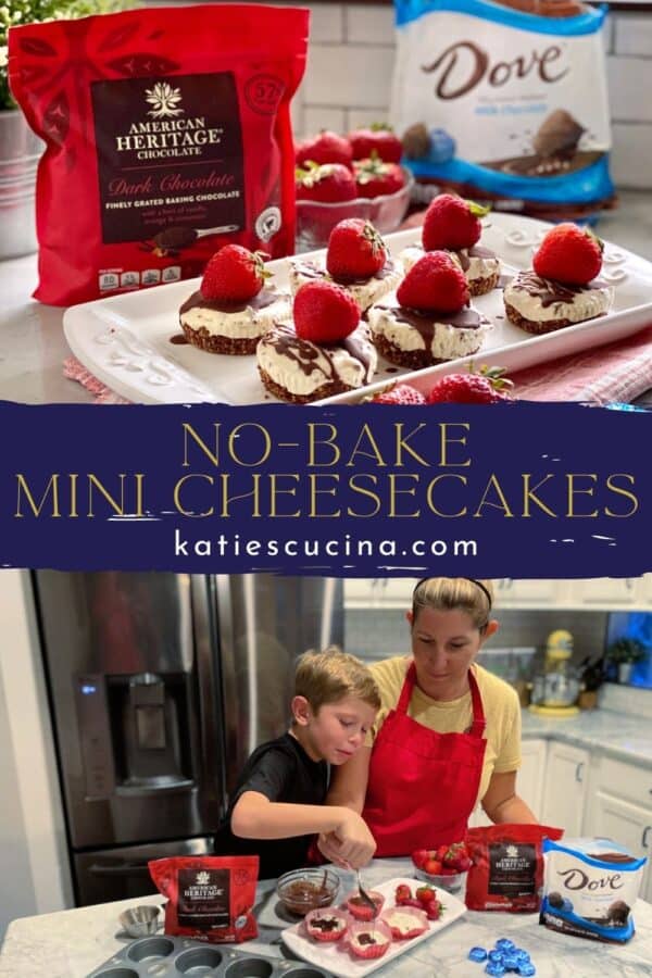 Two photos split by text on on image; top of a platter of mini cheesecakes. Bottom of a mom and son drizzling chocolate.