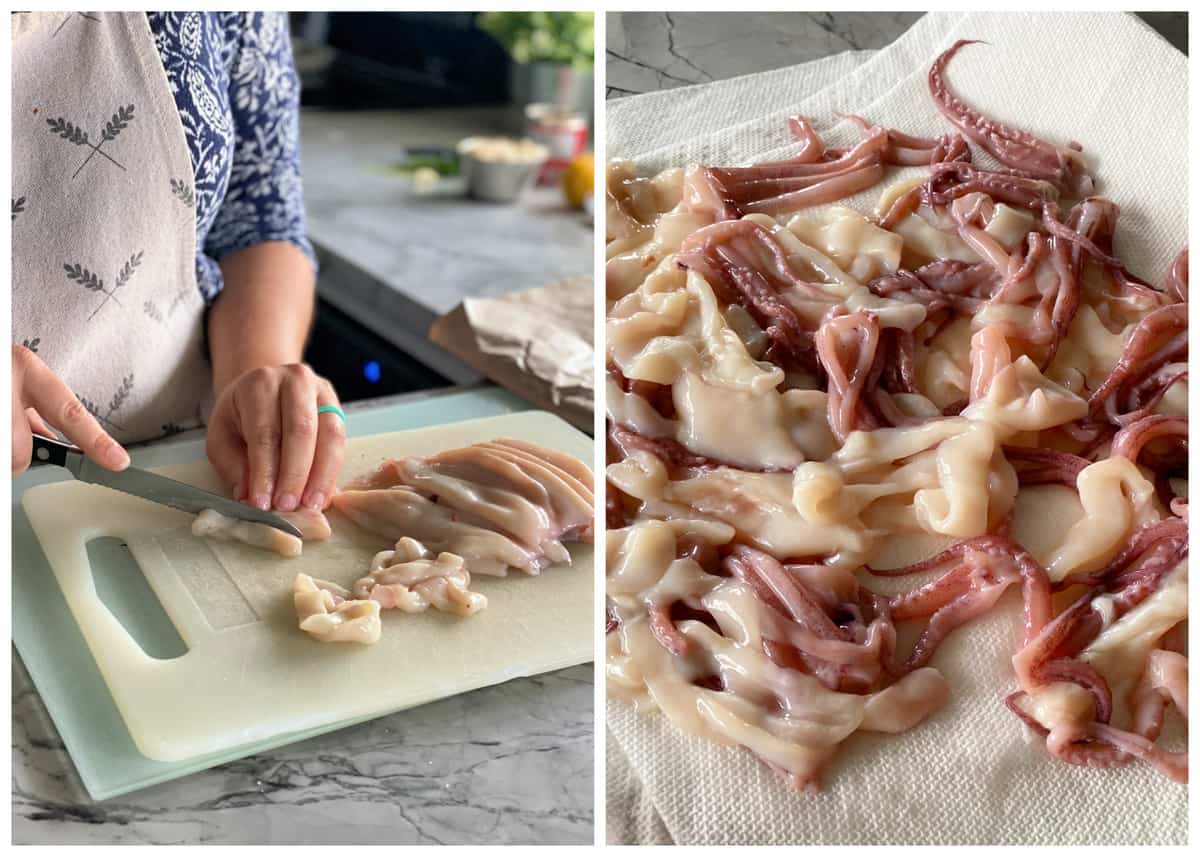 Two photos; left of a female cutting squid tubes, and right of of raw squid and tentacles.