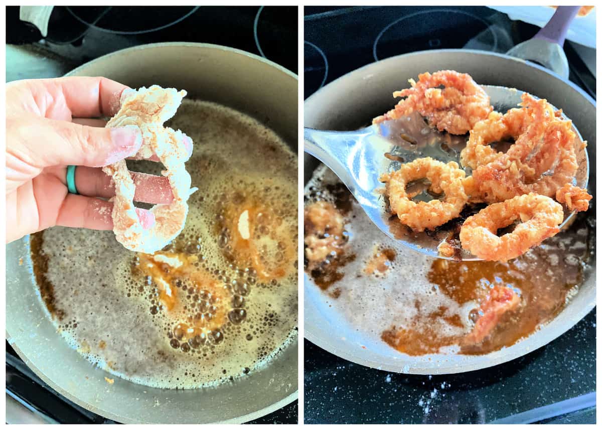 Two photos: left of female hand holding a squid ring over oil, right of a slotted spoon filled with fried calamari.