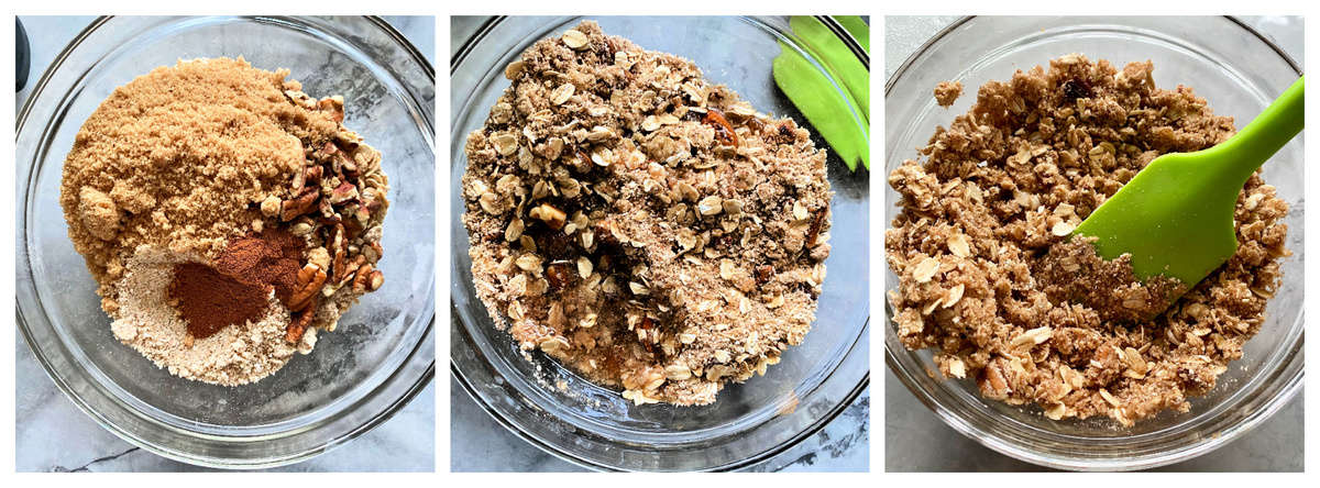 Three photos; all top view of a glass bowl of ingredients making a crisp topping.