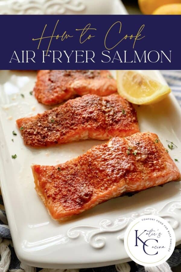 White platter filled with salmon filets with recipe title text on image for Pinterest.