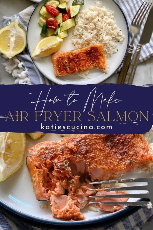 Two photos split by recipe text; top of a top view of a plate of salmon and rice. Bottom photo of a fork flaking cooked salmon.