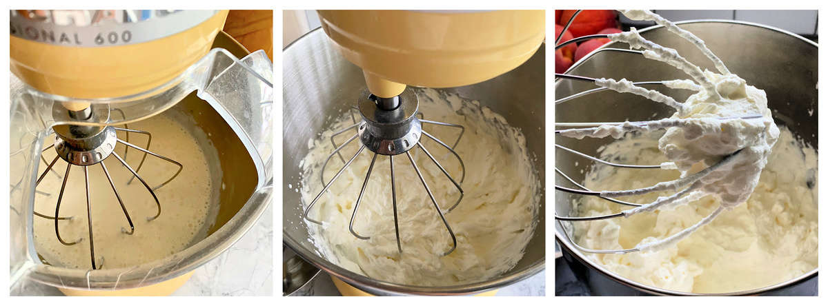 Three photos of showing the process how to make whipped cream in a yellow KitchenAid stand mixer.