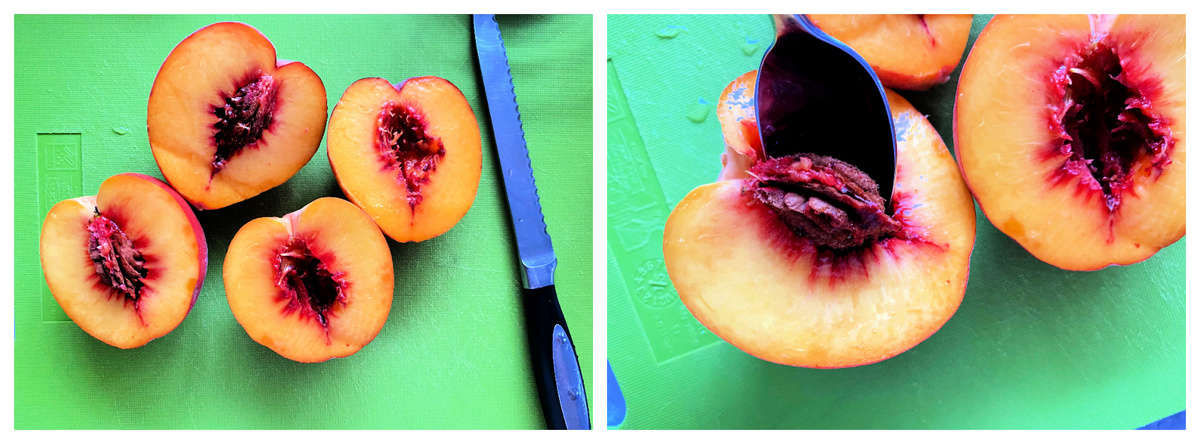 grilled peaches with caramel sauce and whipped cream Two photos; left of slice pecahes, right of removing pit with spoon.