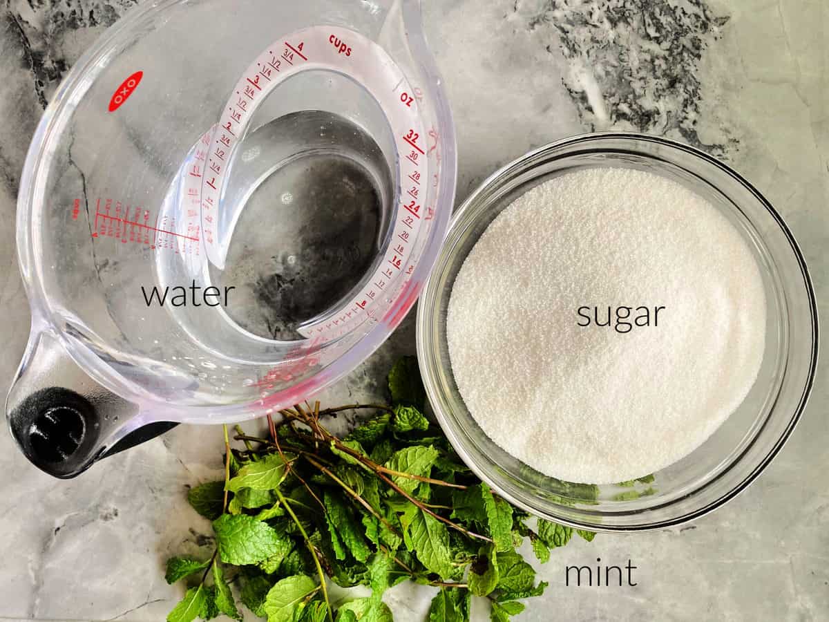 Ingredients on marble countertop: water, sugar, and mint sprigs.