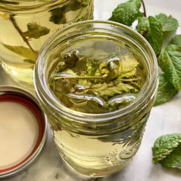 Close up of a glass mason jar filled with clear liquid and mint.