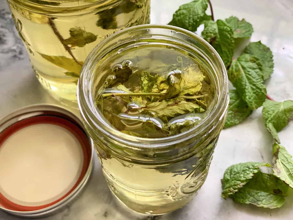 Close up of a glass mason jar filled with clear liquid and mint.