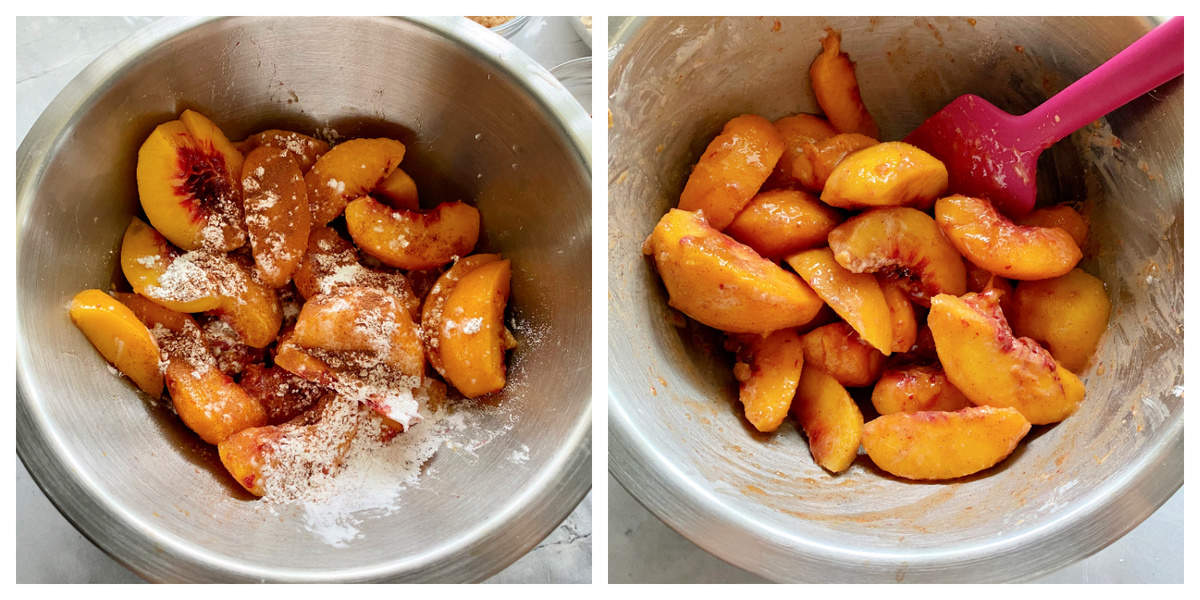 Top view of two photos of peaches in a silver bowl.