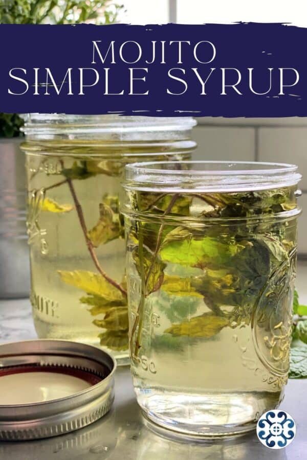 Two glass mason jars filled with mint syrup and recipe title text for Pinterest.