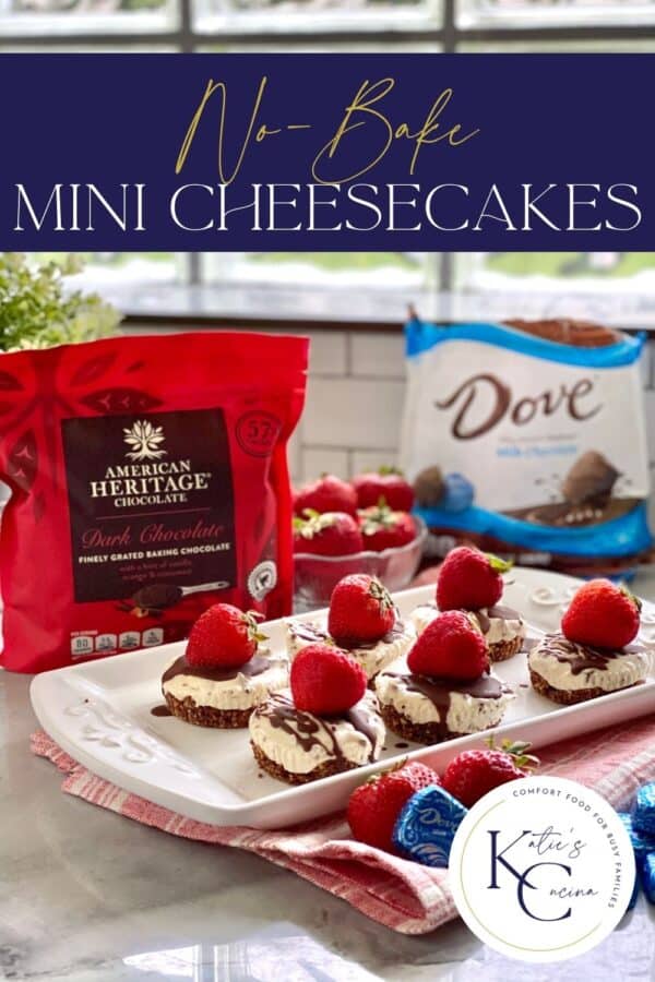 White platter filled with 6 mini cheesecakes with recipe title text on image for Pinterest.