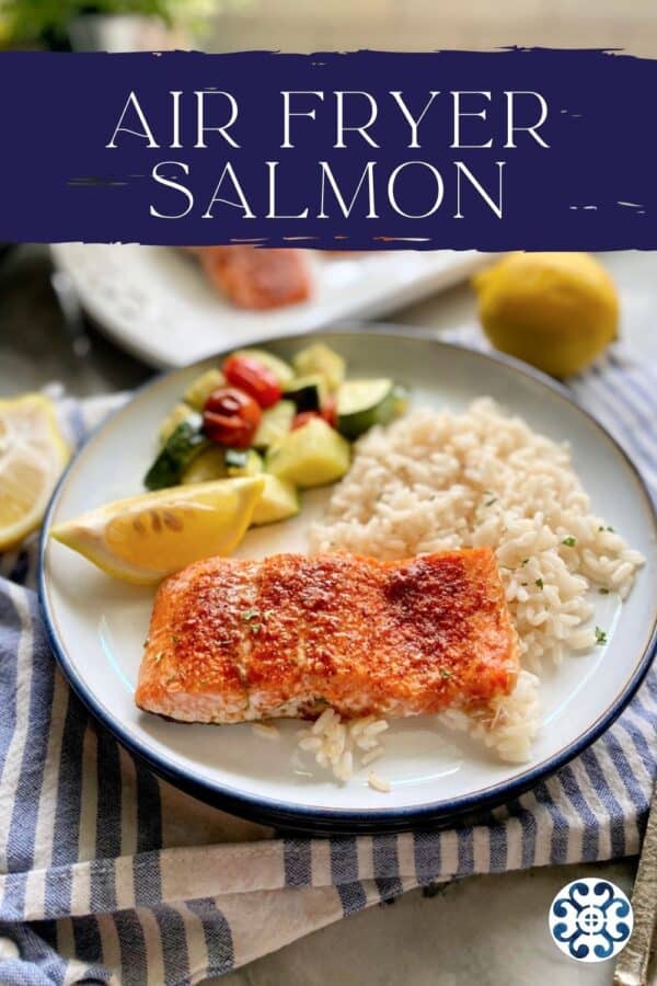 White plate filled with salmon and white rice with recipe text on image for Pinterest.