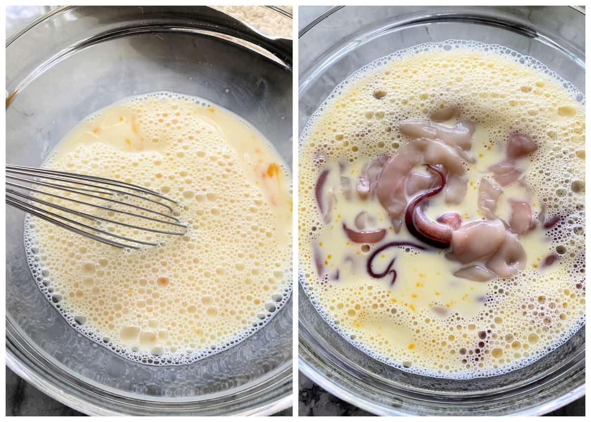 Two photos; left of glass bowl with egg mixture and whisk, right of raw squid in mixture.