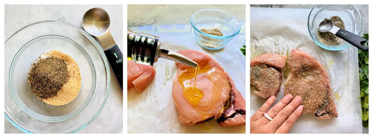 Three photos; left of seasoning in glass bowl, middle of oil being poured on swordfish, right of female hand massaging seasoning on the swordfirsh steak.