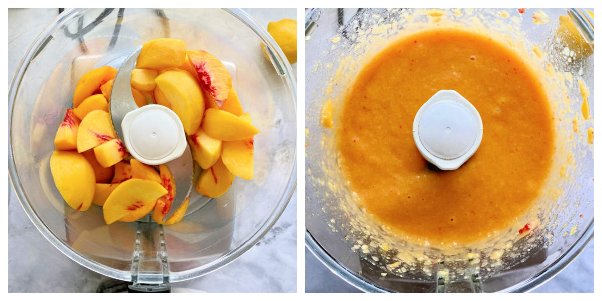 Two photos: diced peaches in a food processor and the right of puree peaches.