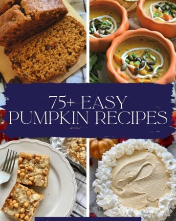 Four photos of four different pumpkin recipes with roundup title text on image for Pinterest.
